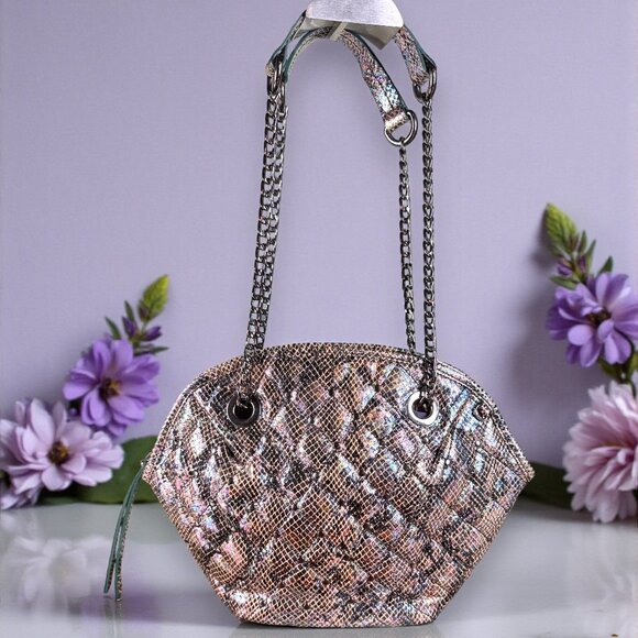 Sharif Handbags - Sharif Metallic Python Embossed Quilted Leather Dome Convertible Crossbody - New